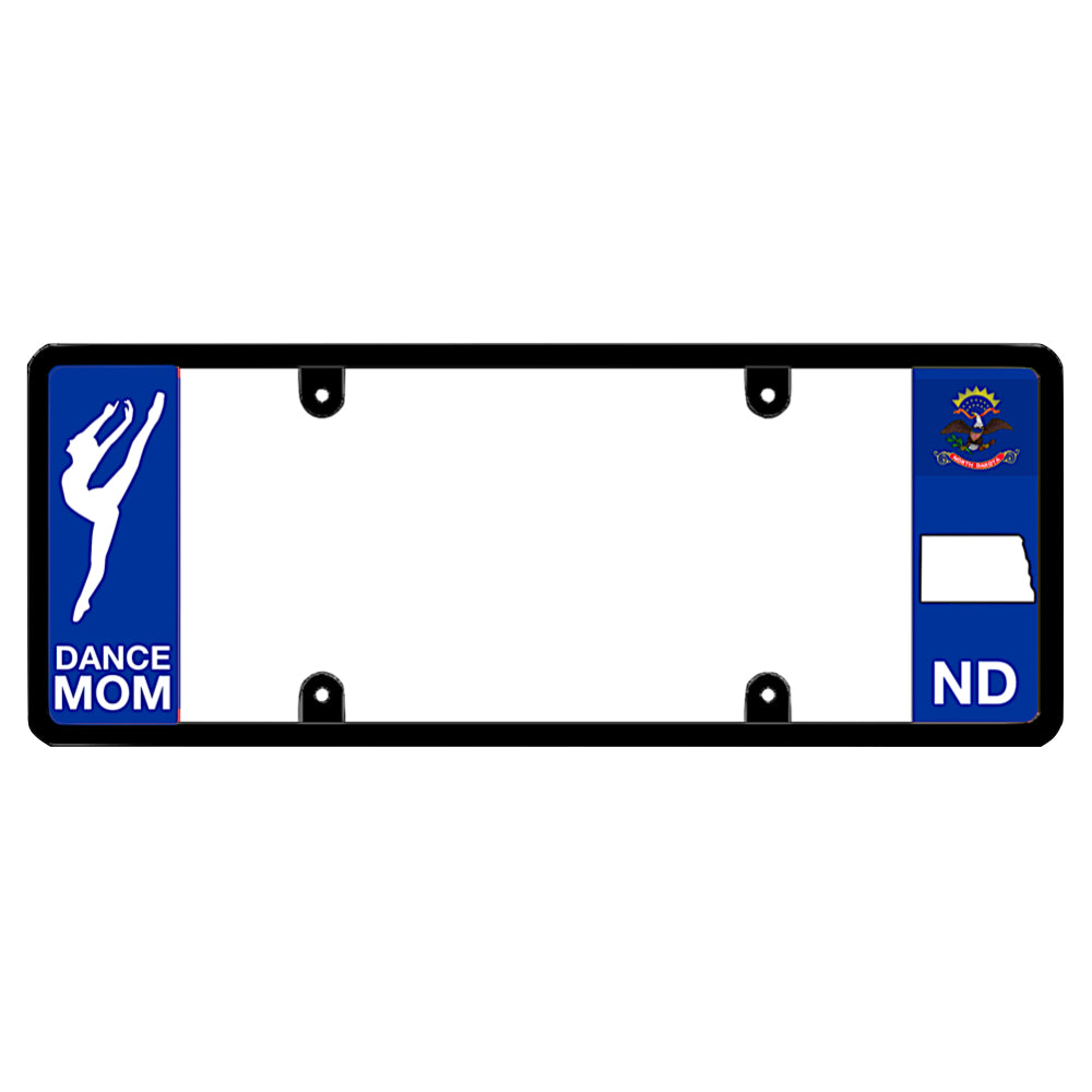 A dance mom themed black elongated North Dakota license plate frame showing a dancer silhouette and a blue ND panel by DFS Brands.