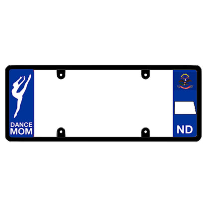 A dance mom themed black elongated North Dakota license plate frame showing a dancer silhouette and a blue ND panel by DFS Brands.