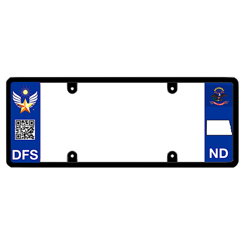 Official DFS Brands patented North Dakota license plate frame with a scan QR code and a blue ND logo side wing.