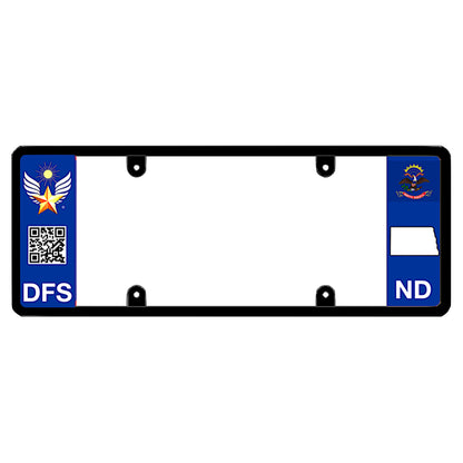 Official DFS Brands patented North Dakota license plate frame with a scan QR code and a blue ND logo side wing.
