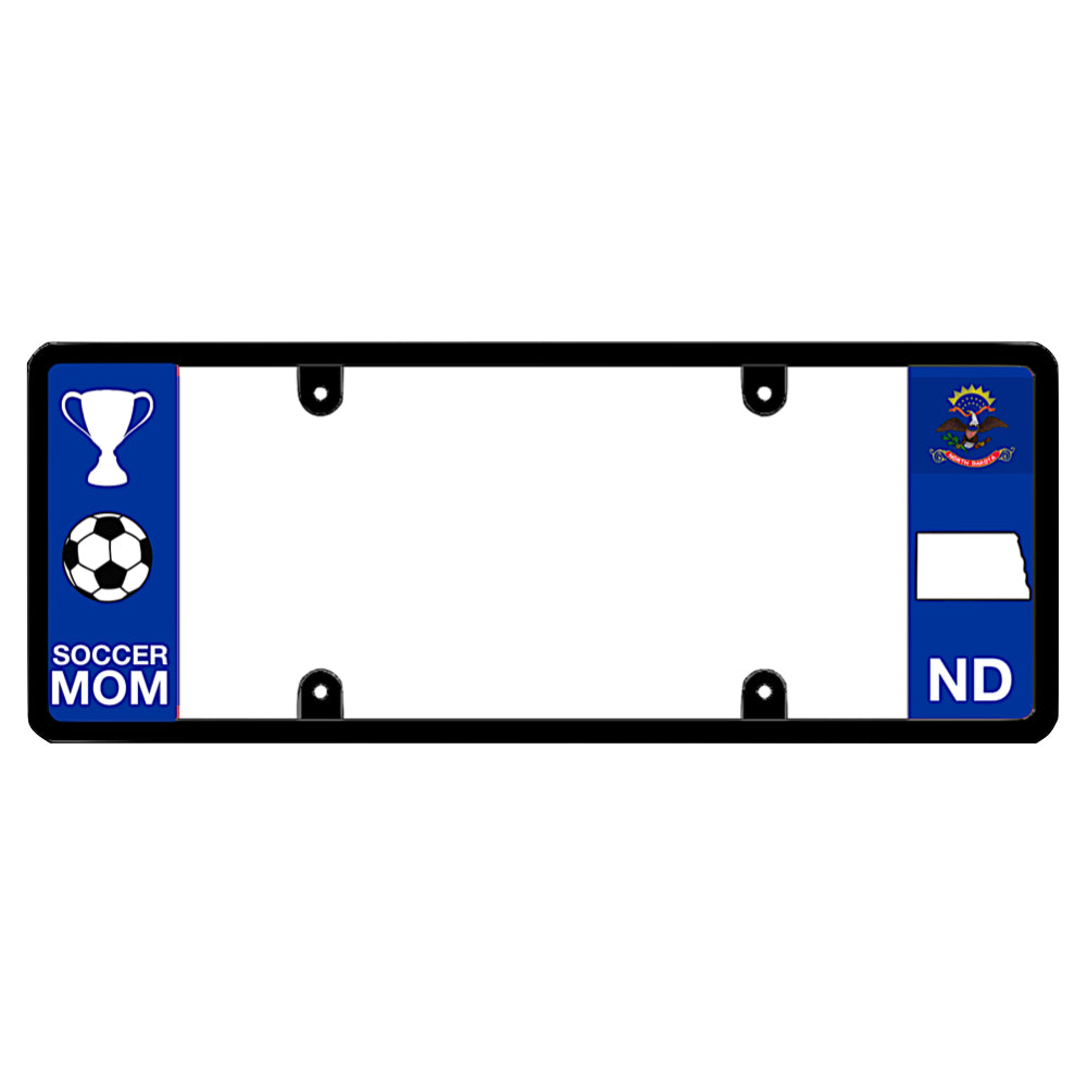 A black elongated North Dakota license plate frame featuring a soccer mom theme and a blue ND side panel by DFS Brands.