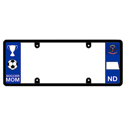 A black elongated North Dakota license plate frame featuring a soccer mom theme and a blue ND side panel by DFS Brands.