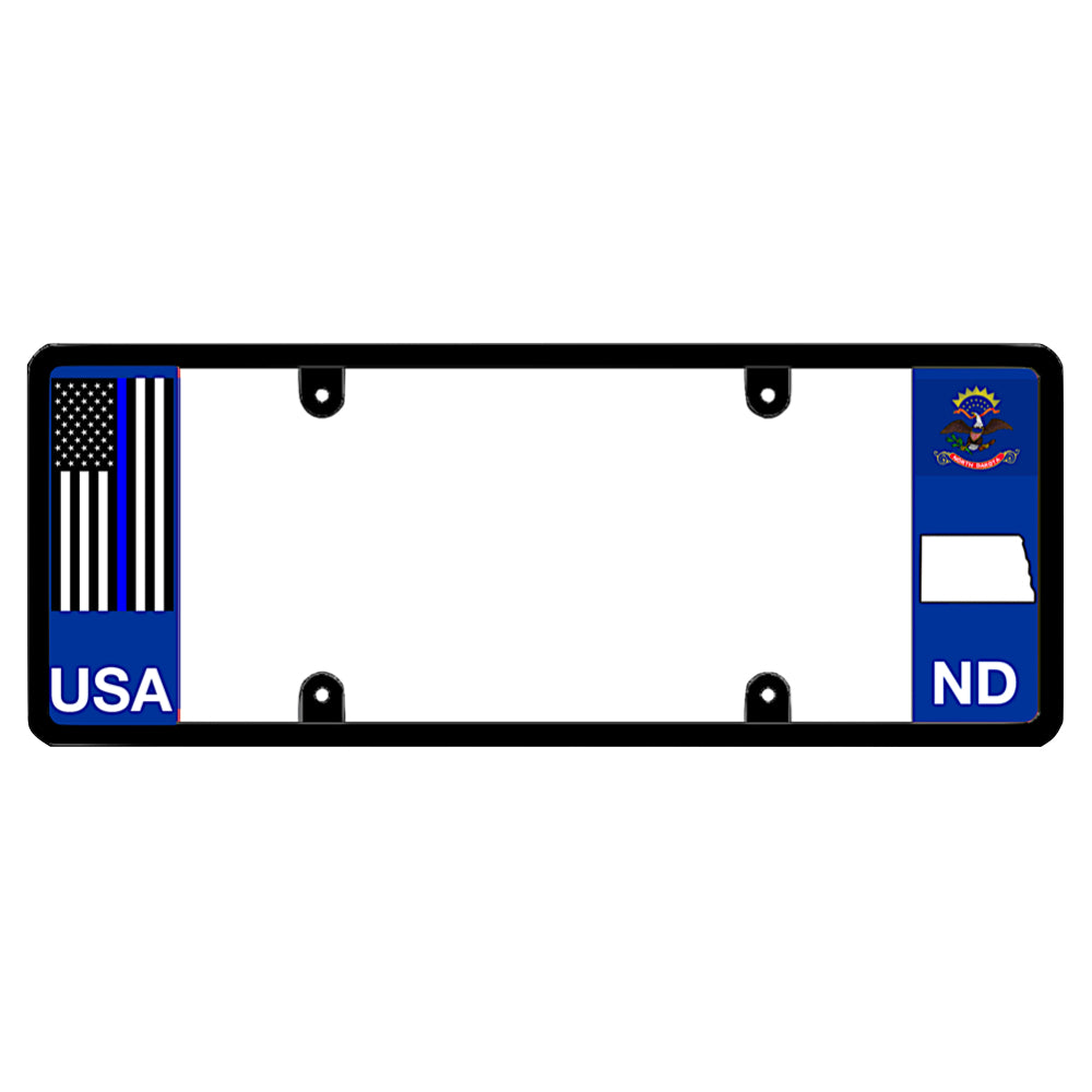 A black elongated North Dakota license plate frame with a thin blue line flag and printed ND text by DFS Brands.