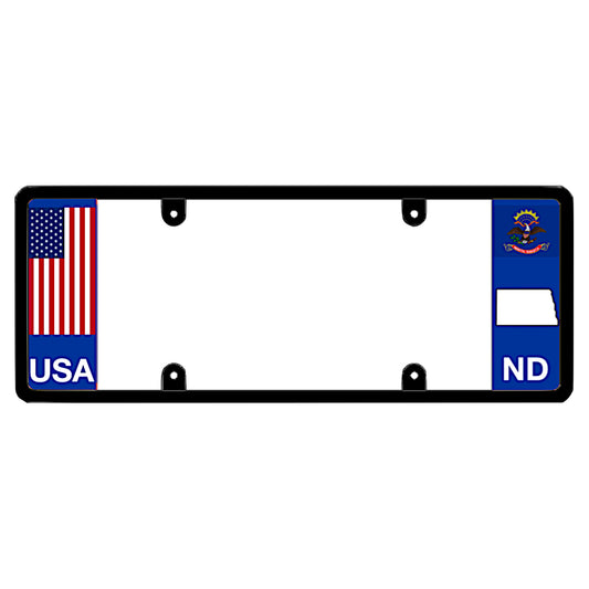 A black elongated North Dakota license plate frame with a USA flag design and a white ND state map outline by DFS Brands.