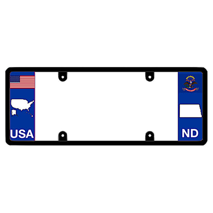A black elongated North Dakota car tag holder showcasing a USA map graphic and a white ND state silhouette by DFS Brands.