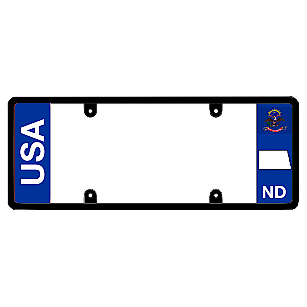 A black elongated North Dakota license plate frame featuring clean bold vertical USA and ND text panels by DFS Brands.