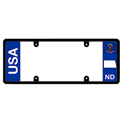 A black elongated North Dakota license plate frame featuring clean bold vertical USA and ND text panels by DFS Brands.