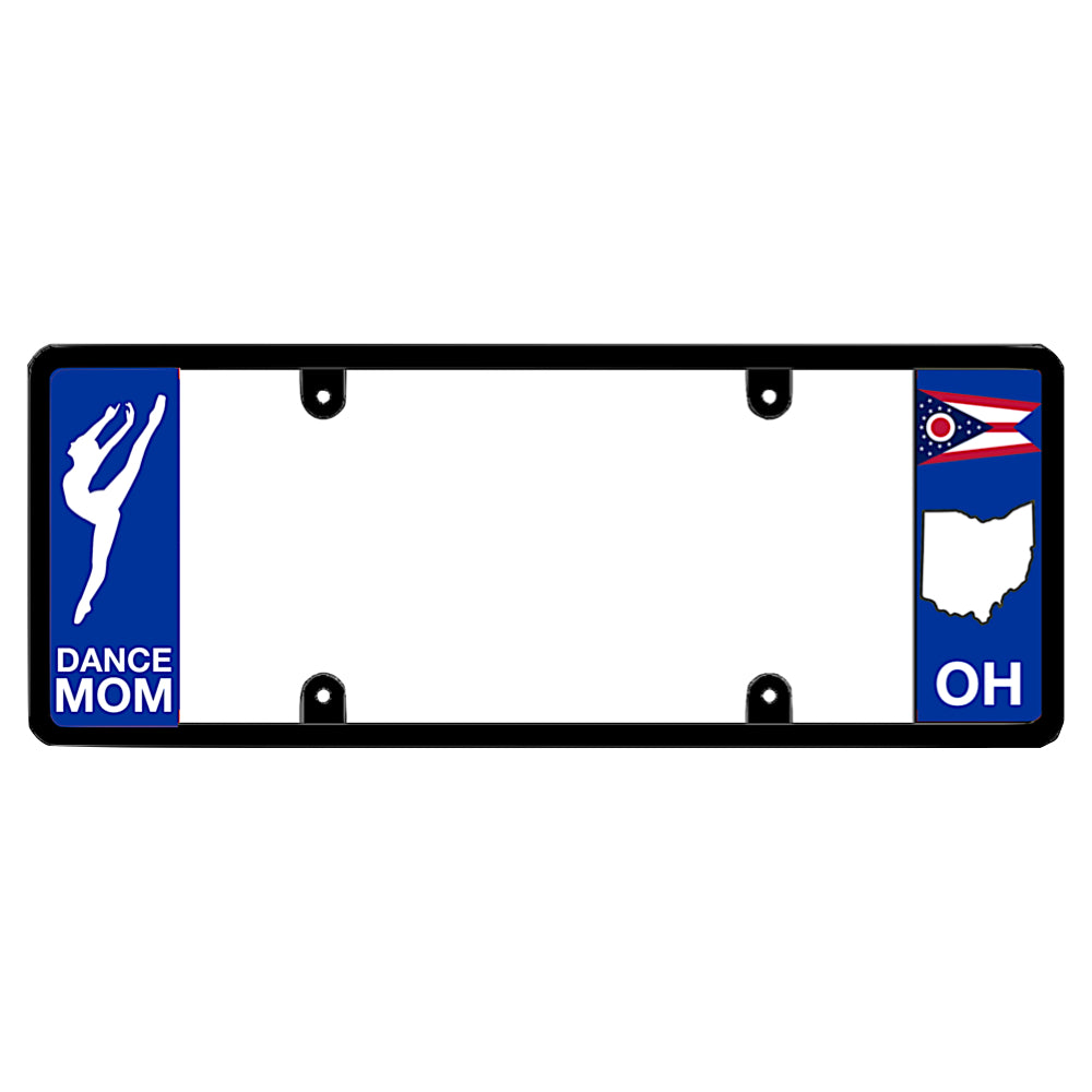 Black license plate frame featuring a blue left panel with a white female dancer silhouette above white Dance Mom lettering, and an Ohio swallowtail state flag above a white map shape and OH lettering on the right.