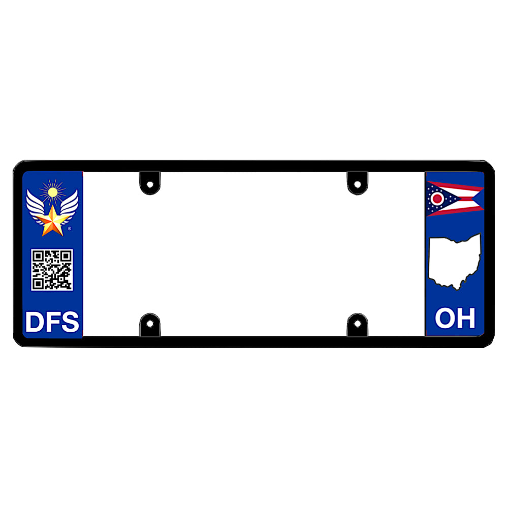 Black license plate frame featuring a blue left panel with a gold and blue winged star sunburst emblem above a black and white QR code and white DFS lettering, and an Ohio swallowtail state flag above a white map shape and OH lettering on the right.