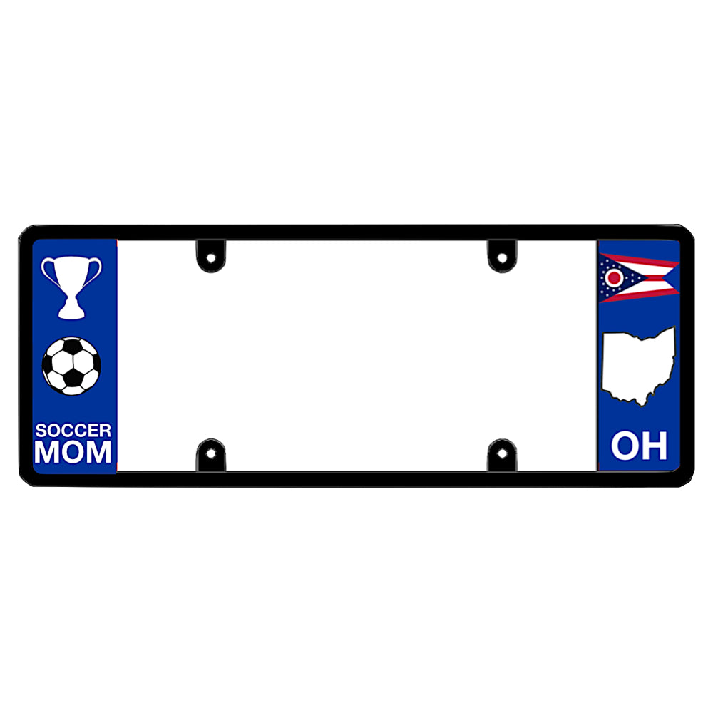 Black license plate frame featuring a blue left panel with a white trophy icon and a soccer ball icon above white Soccer Mom lettering, and an Ohio swallowtail state flag above a white map shape and OH lettering on the right.