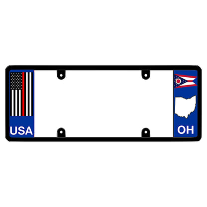 Black license plate frame featuring a vertical full-color United States flag with a thin red stripe above white USA lettering on the left, and an Ohio swallowtail state flag above a white map shape and OH lettering on the right.
