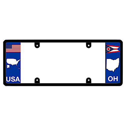 Black license plate frame featuring a full-color United States flag above a white USA map outline and white USA lettering on the left, and an Ohio swallowtail state flag above a white map shape and OH lettering on the right.