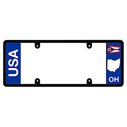 Black license plate frame featuring vertical white USA lettering on a solid blue panel on the left, and an Ohio swallowtail state flag above a white map shape and OH lettering on the right.