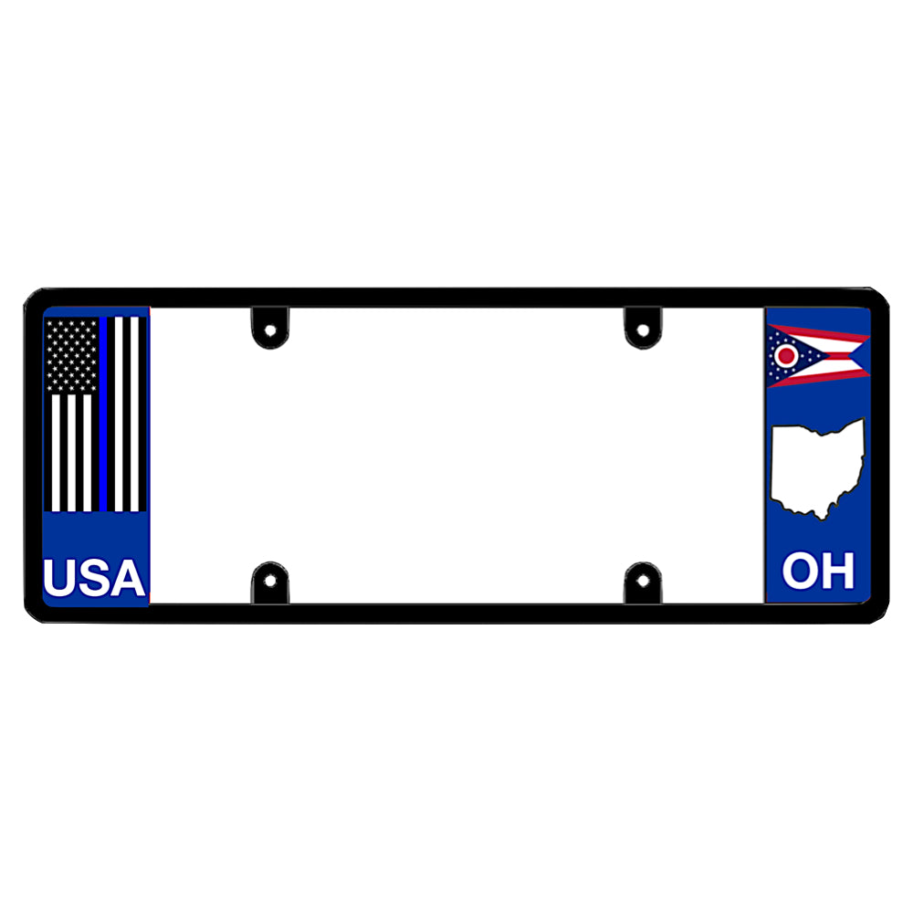 Black license plate frame featuring a vertical full-color United States flag with a thin blue stripe above white USA lettering on the left, and an Ohio swallowtail state flag above a white map shape and OH lettering on the right.