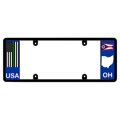 Black license plate frame featuring a vertical full-color United States flag with a thin green stripe above white USA lettering on the left, and an Ohio swallowtail state flag above a white map shape and OH lettering on the right.