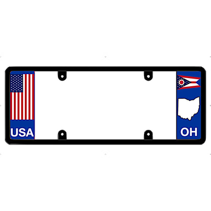 License plate frame with USA and Ohio flags on a white background
