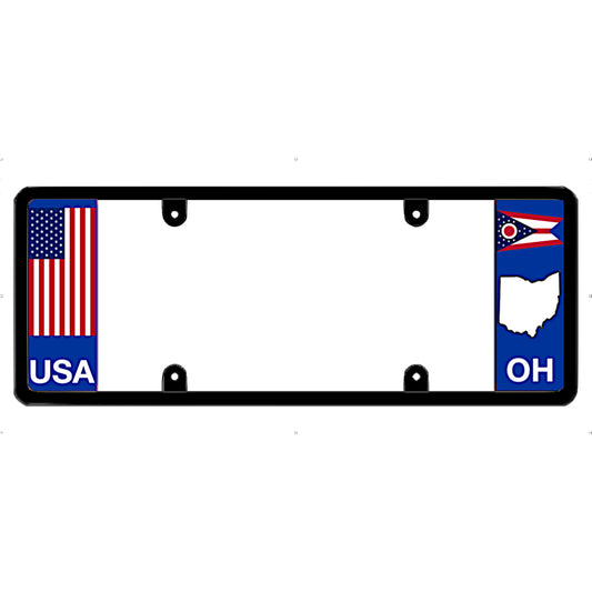 License plate frame with USA and Ohio flags on a white background