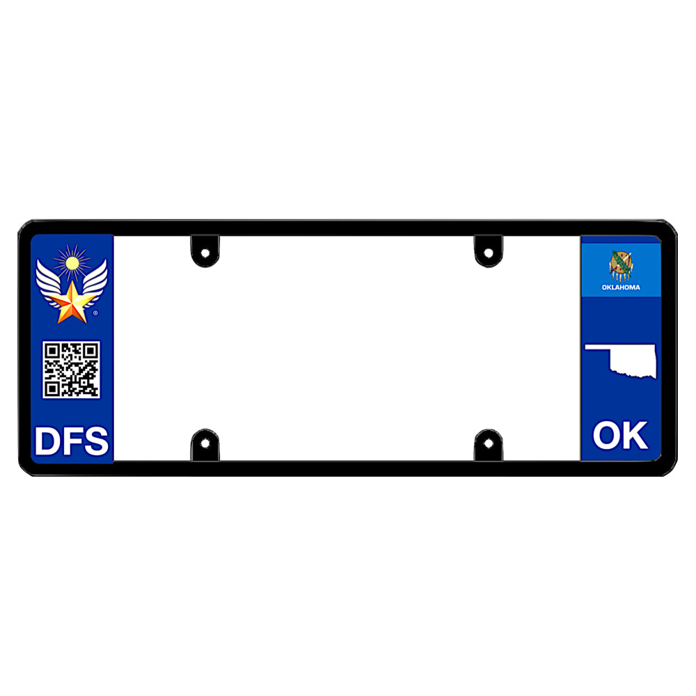Euro style plate frame featuring vertical USA text and Oklahoma state map outline, perfect gift for Oklahomans.