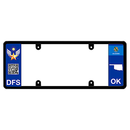 Euro style plate frame featuring vertical USA text and Oklahoma state map outline, perfect gift for Oklahomans.