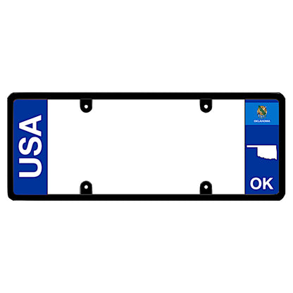 Oklahoma legal license plate frame holder with USA letters on the left and Oklahoma state flag on the right patented by DFS the official license frame of America.