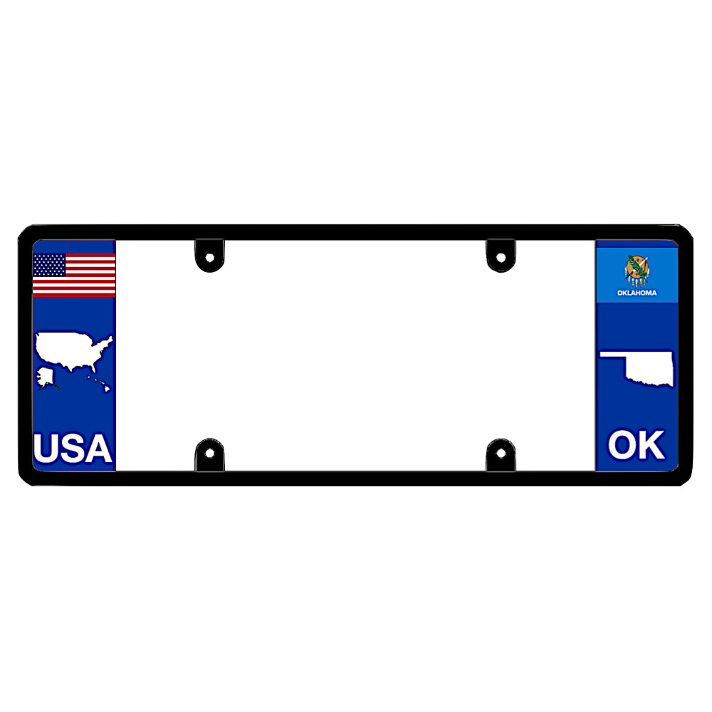 Oklahoma state pride license plate frame with USA flag and OK map silhouette, ideal home state car accessory gift.