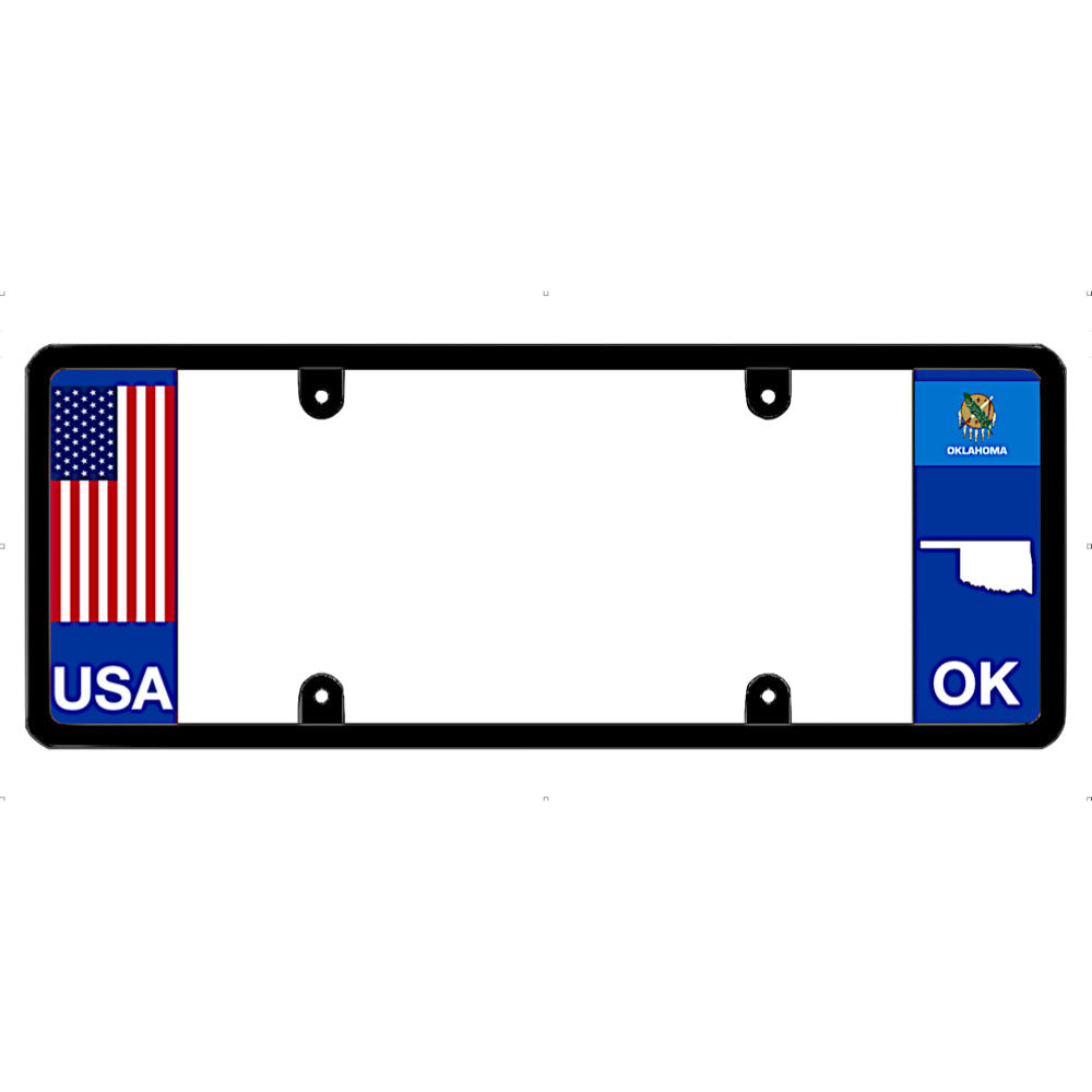 Black license plate frame with USA and Oklahoma state flag designs on a white background