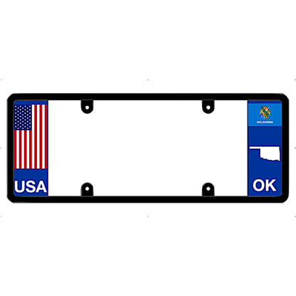 Black license plate frame with USA and Oklahoma state flag designs on a white background