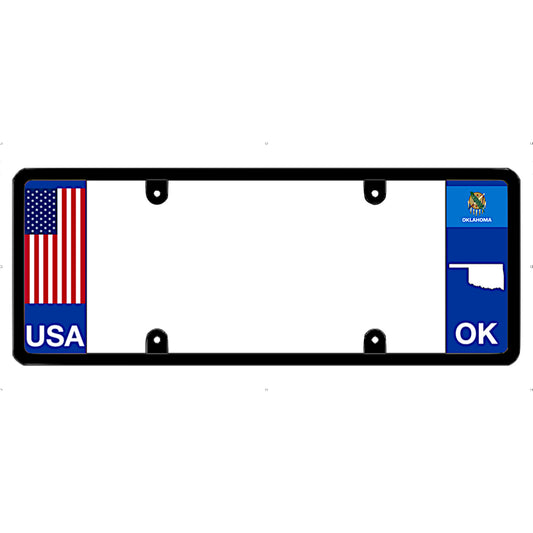 Black license plate frame with USA and Oklahoma state flag designs on a white background
