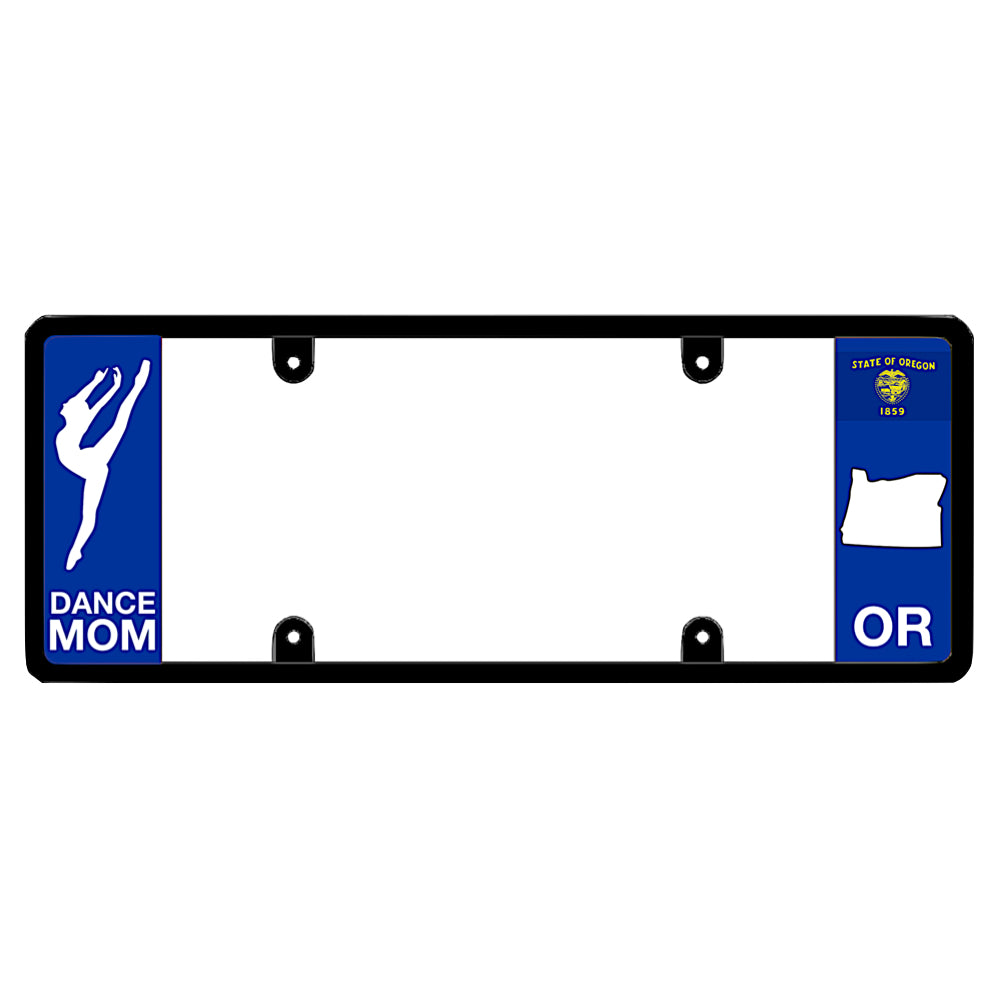 A dance mom themed black elongated Oregon license plate frame showing a dancer silhouette and a blue OR panel by DFS Brands.