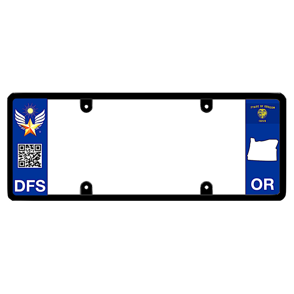 Official DFS Brands patented Oregon license plate frame with a scan QR code and a blue OR logo side wing.