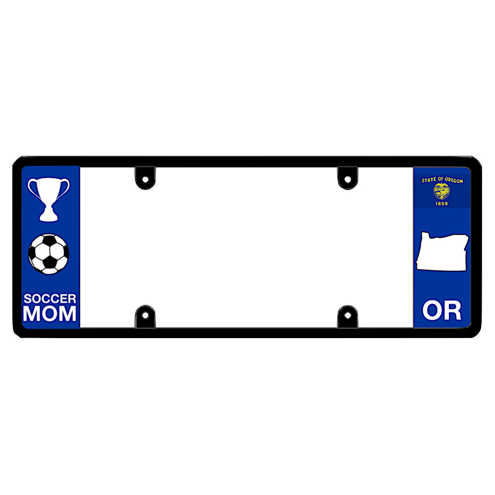 A black elongated Oregon license plate frame featuring a soccer mom theme and a blue OR side panel by DFS Brands.