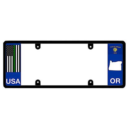 A black elongated Oregon license plate holder with a tactical thin green line flag and printed OR graphics by DFS Brands.