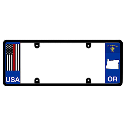 A black elongated Oregon license plate frame featuring a thin red line firefighter flag and blue OR text panel by DFS Brands.