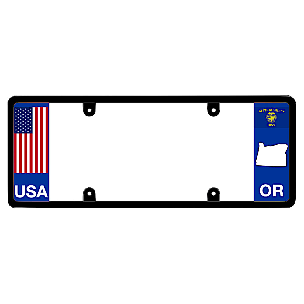 A black elongated Oregon license plate frame with a USA flag design and a white OR state map outline by DFS Brands.