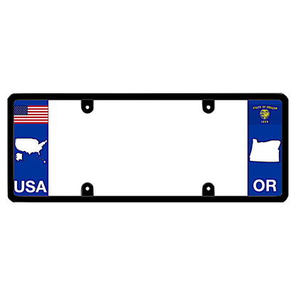 A black elongated Oregon car tag holder showcasing a USA map graphic and a white OR state silhouette by DFS Brands.