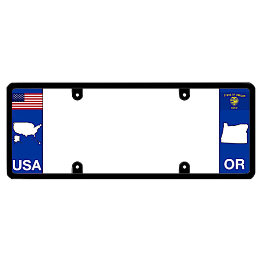 Oregon license plate frame with USA and OR state flags on a white background
