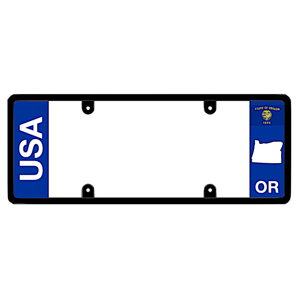 A black elongated Oregon license plate frame featuring clean bold vertical USA and OR text panels by DFS Brands.