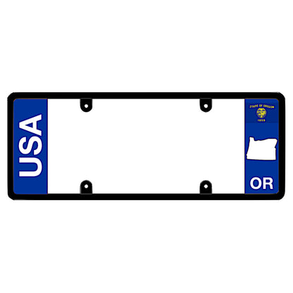 A black elongated Oregon license plate frame featuring clean bold vertical USA and OR text panels by DFS Brands.