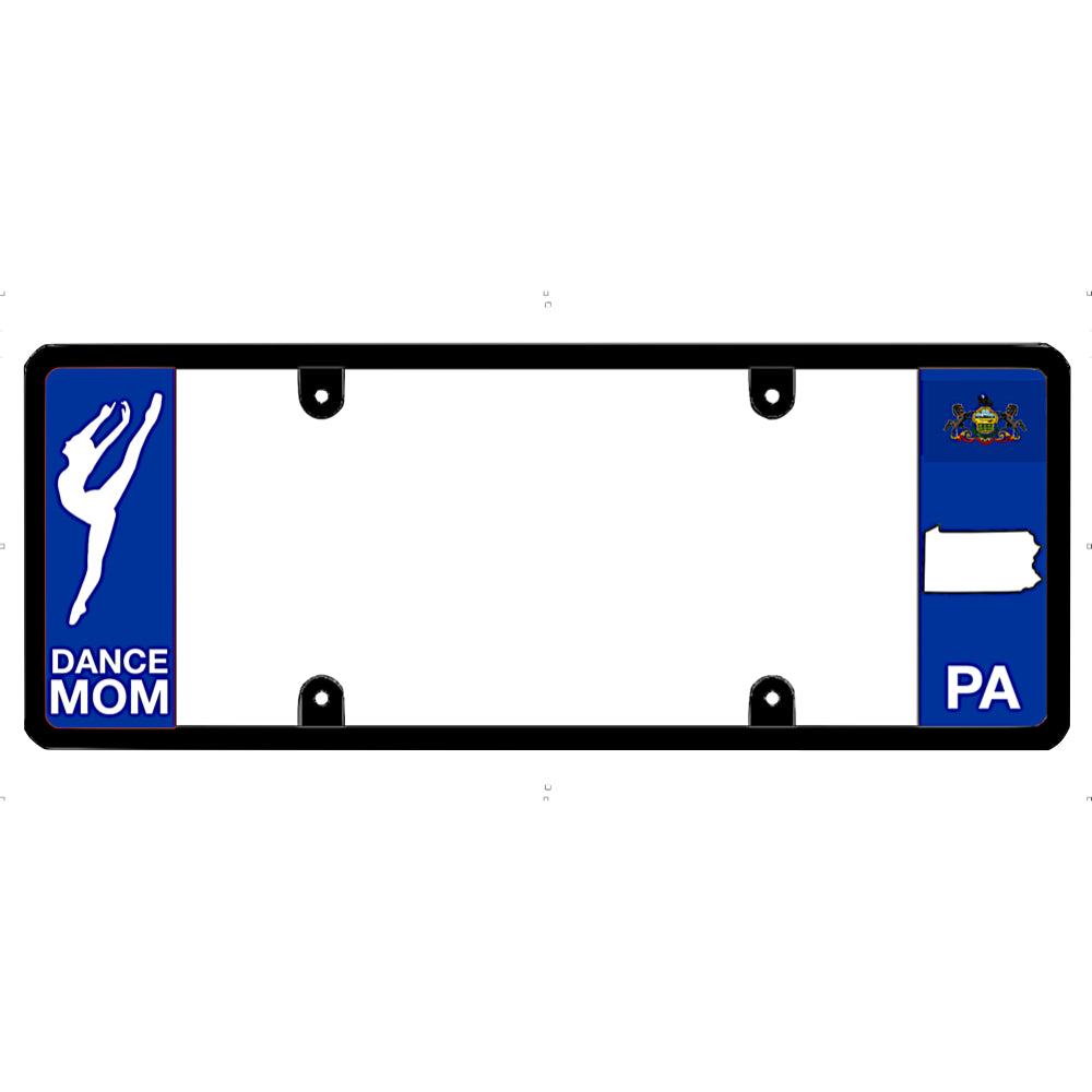 License plate frame with 'Dance Mom' and Pennsylvania state symbols on a white background