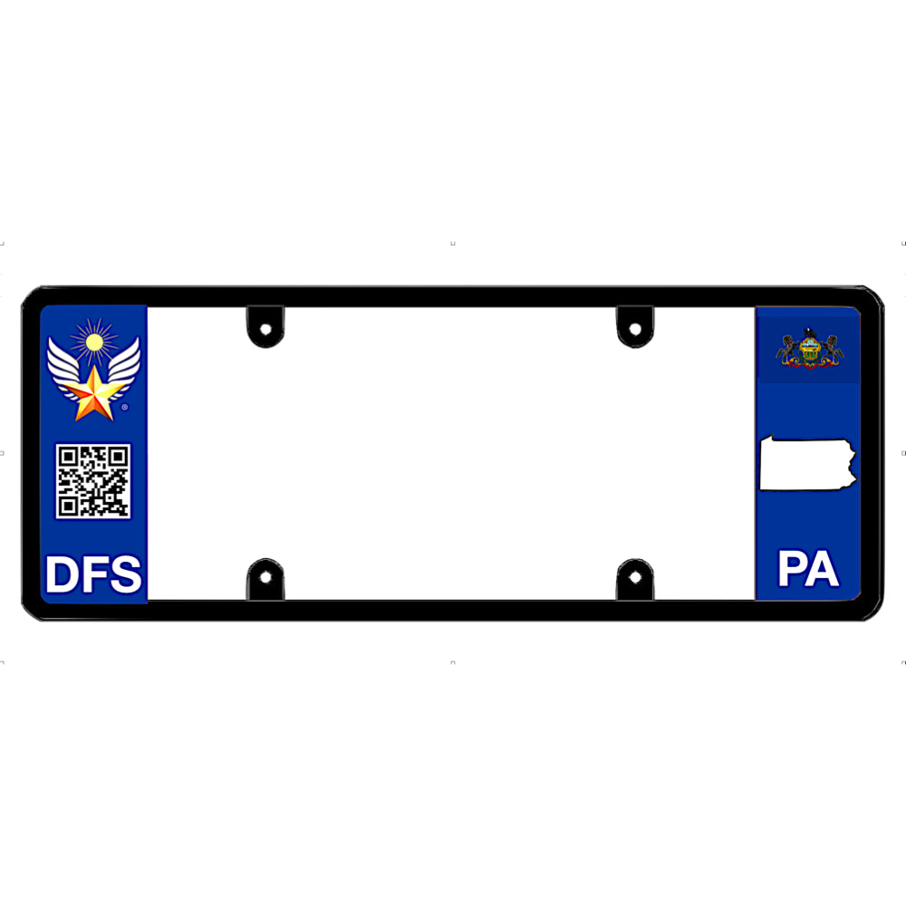 License plate frame with Pennsylvania (PA) symbols on a white background