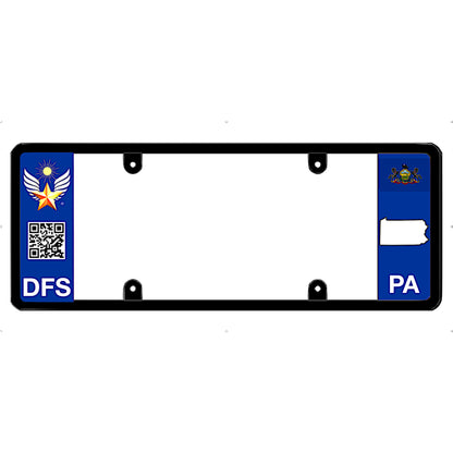 License plate frame with Pennsylvania (PA) symbols on a white background