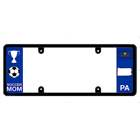 License plate frame with 'Soccer Mom' and 'PA' text on a white background