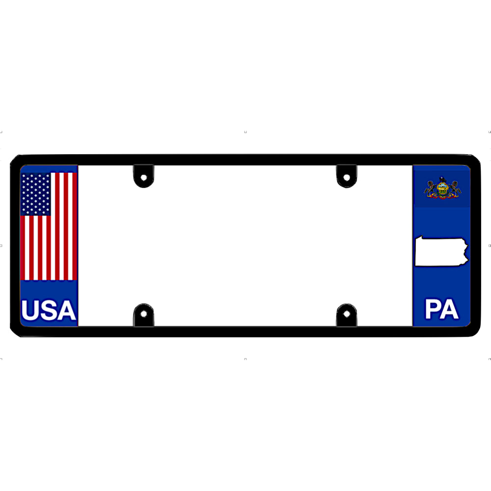 License plate frame with USA and Pennsylvania flags on a white background