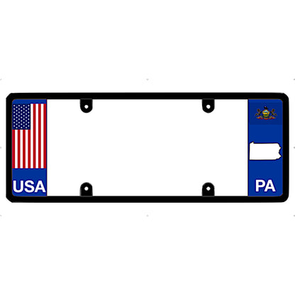 License plate frame with USA and Pennsylvania flags on a white background