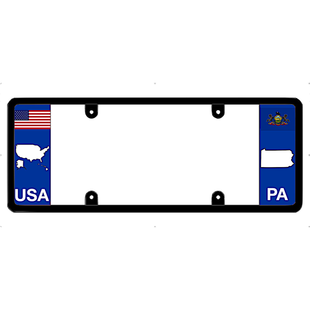 License plate frame with USA and Pennsylvania flags on a white background