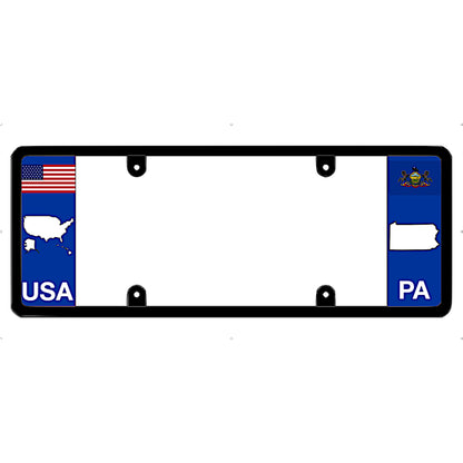License plate frame with USA and Pennsylvania flags on a white background