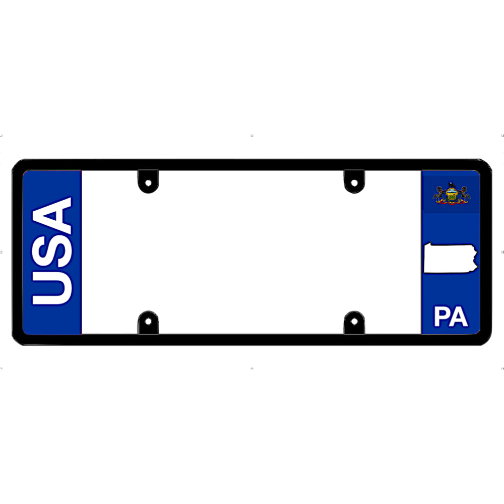 License plate frame with 'USA' and Pennsylvania 'PA' text on a white background