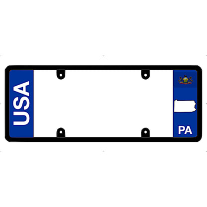 License plate frame with 'USA' and Pennsylvania 'PA' text on a white background