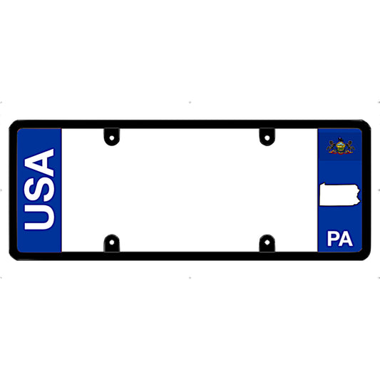 License plate frame with 'USA' and Pennsylvania 'PA' text on a white background