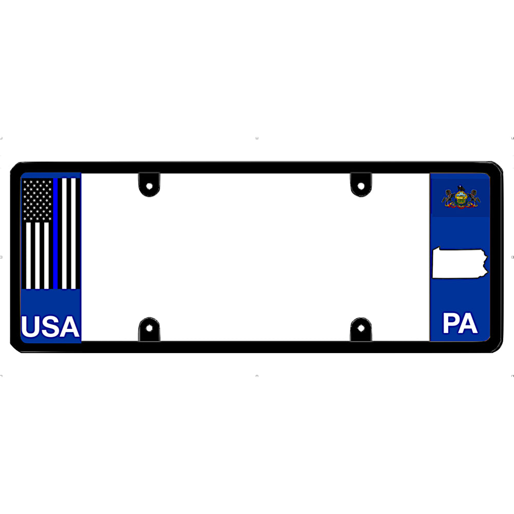 Thin blue line license plate frame with USA and PA text on a white background